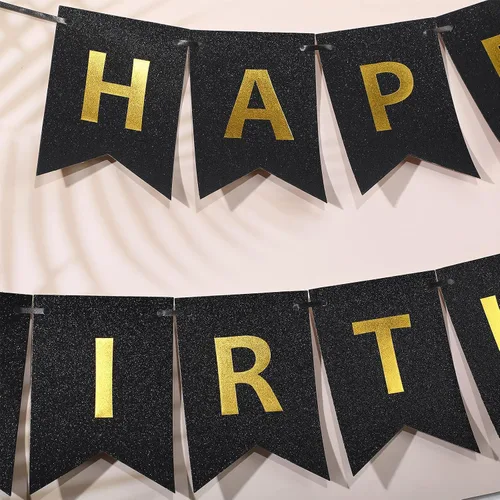 Miniatura 3 de Clabby Cartel de feliz cumpleaños negro con purpurina con letras brillantes de feliz cumpleaños con purpurina brillante para colgar suministros
