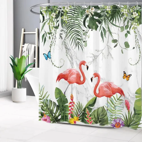 Miniatura 10 de EOBTAIN Cortina de ducha de hojas de plantas tropicales para baño, flamenco rosa y mariposa azul con hojas de palma en beige, cortina de ducha con 8