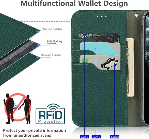 Miniatura 3 de iCoverCase Compatible con iPhone 11 Pro Max, funda magnética de piel auténtica con bloqueo RFID, correa para la muñeca y ranuras para tarjetas, Verde