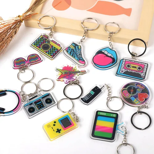 Miniatura 7 de 12 llaveros de fiesta de los años 80, llaveros acrílicos con temática musical, llavero retro de los años 80 para fiestas temáticas musicales