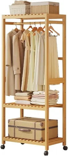 Miniatura 8 de Bamboo Wardrobe/Clothes Rail/Clothes Rack/Garment Rack,Free Standing Clothes Rail with Wheels,Open Wardrobe with Shelves,for Entryway Living Room