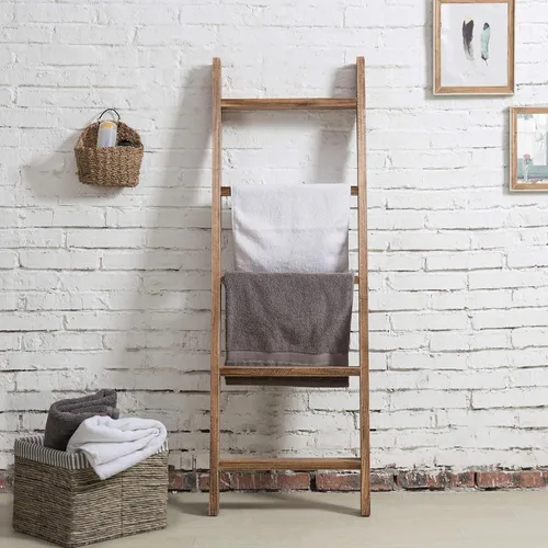 Miniatura 3 de MyGift - Estante decorativo de madera natural rústica quemada para apoyarse en la pared, con 4 pies de altura y escalera de manta con 5 peldaños
