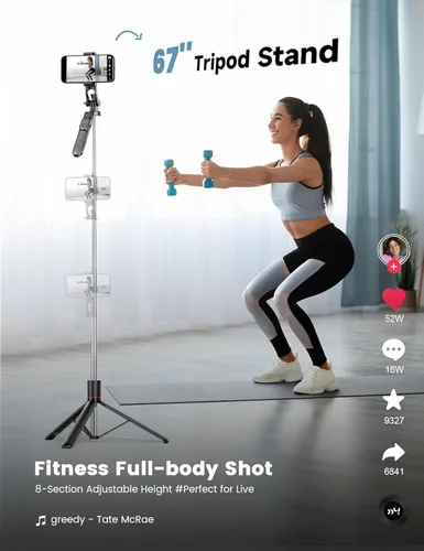 Miniatura 2 de Trípode para selfie stick de 67 pulgadas con luz, soporte de teléfono básico para iPhone y Samsung, trípode extensible todo en uno con control