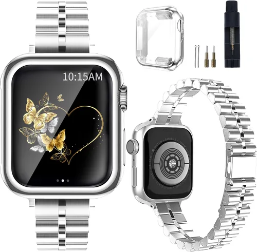 Miniatura 8 de Correa de metal de lujo y fina compatible con Apple Watch Band de 1.732 pulgadas con funda de 1.732 pulgadas para mujer, joyería mejorada delgada
