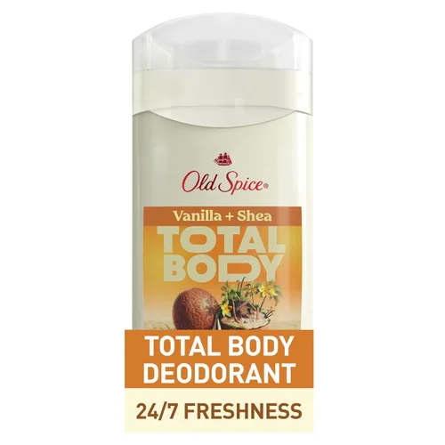 Old Spice Desodorante en barra para todo el cuerpo para hombres, sin aluminio, aroma a vainilla + manteca de karité, protección contra el olor 24/7,