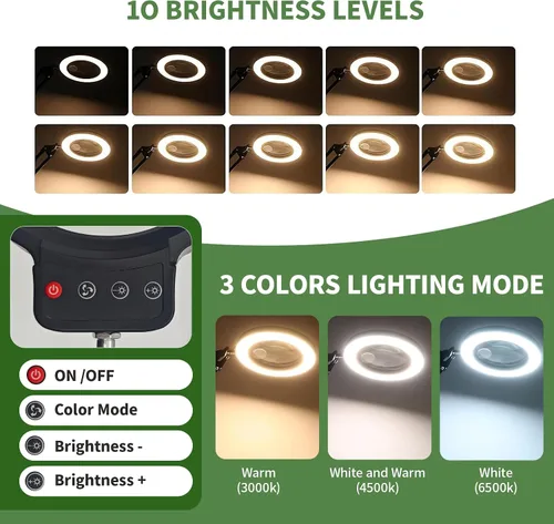 Miniatura 4 de Lupa 10X/20X con luz y soporte, lámpara LED de aumento de escritorio con base y abrazadera, 3 modos de color, lupa de escritorio de 10 niveles