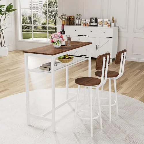 Miniatura 4 de LUMISOL Juego de mesa de barra de 3 piezas con almacenamiento para 2, moderno juego de mesa de comedor de metal con 2 taburetes, ahorra espacio