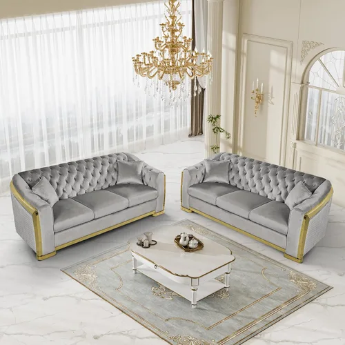 Miniatura 8 de DAMAIFROM Sofá Chesterfield moderno de mediados de siglo, sofá de terciopelo de 62"+84" pulgadas, sofá de terciopelo negro y dorado, sofá curvo