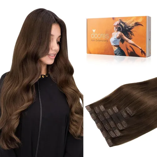 DOORES - Extensiones de cabello humano, remy, lacio, grueso con clip, trama uniforme y borde invisible, sin costuras, color marrón chocolate, 7