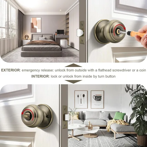 Miniatura 4 de Probrico Paquete de 6 pomos de privacidad para puerta, cerradura interior para dormitorio, baño, manija de puerta de latón antiguo, bola redonda sin