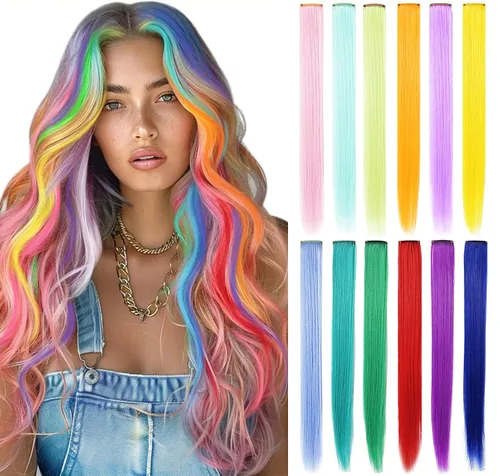 Miniatura 12 de Extensiones de cabello con clip de colores, 8 piezas de cabello sintético liso con reflejos azules y verde azulado