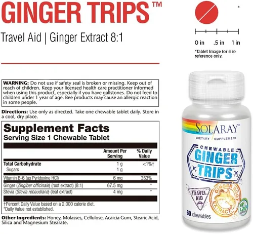 Miniatura 3 de SOLARAY Ginger Trips Travel Aid Extracto de raíz Apoyo digestivo saludable con miel, stevia y melaza 60 masticables