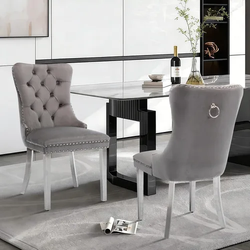 Miniatura 135 de Juego de 2 sillas de comedor de terciopelo tapizadas con ribete de cabeza de clavo y patas doradas chapadas en acero inoxidable para cocina