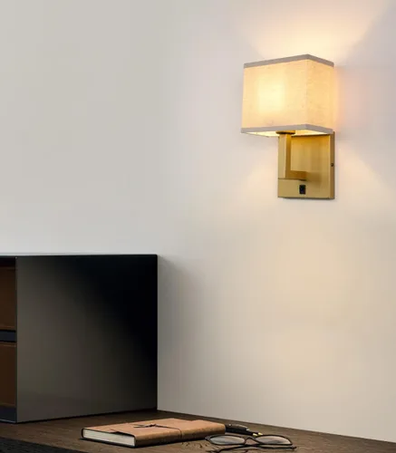 Miniatura 3 de Yosoan Juego de 2 apliques de pared de tela bohemia de lino con interruptor de encendido y apagado, tocador de latón, retro, cableado para Antiguo