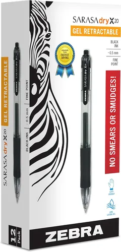 Zebra Pen Sarasa Dry X20 - Bolígrafo retráctil de gel, punta fina, 0.5 mm, tinta negra, 12 unidades (46710)