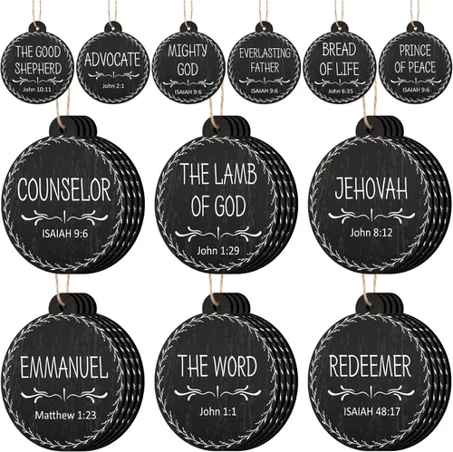 Jetec 48 Piezas Adornos con Nombres de Jesús Cristo Adornos de Navidad Juego de Belén Adorno Redondo de Madera para Navidad Adorno Colgante de