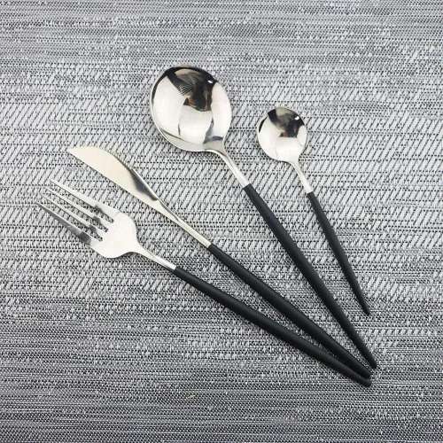 Miniatura 3 de JASHII Juego de cubiertos negros y plateados, cubiertos de acero inoxidable con acabado satinado, 20 piezas, utensilios de cocina, cubiertos pulidos