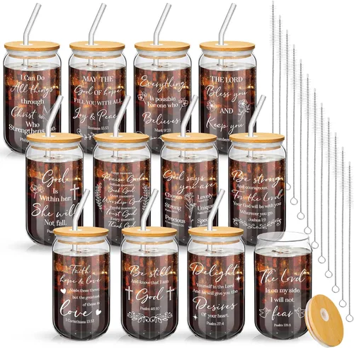 Miniatura 7 de 12 tazas de vidrio cristiano de 16 onzas con tapas y pajitas de bambú, tazas inspiradoras con versículos de la Biblia para hombres, tazas de té