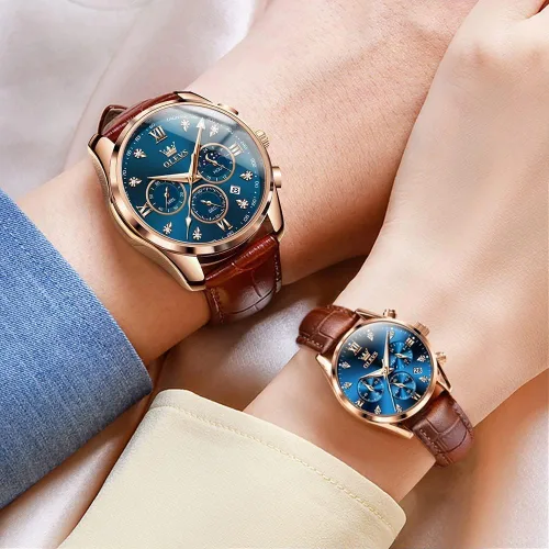 Miniatura 22 de OLEVS Juego de 2 relojes de cuarzo para parejas de San Valentín, para él y ella, cronógrafo de cuero, con diamantes para hombres, mujeres, amantes