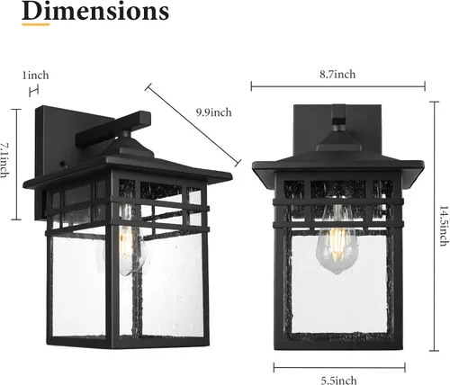 Miniatura 4 de Lámpara de pared para exteriores, apliques de pared negros con vidrio sembrado para porche delantero, farol de pared cuadrado grande de 9 pulgadas