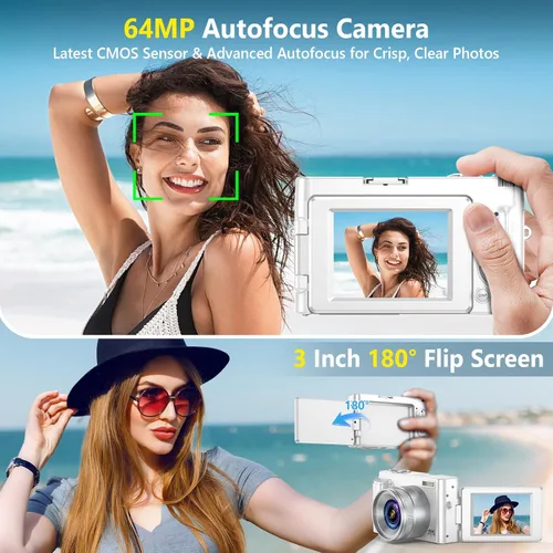 Miniatura 3 de Cámara digital 4K para enfoque automático de fotografía, cámara de vlogging WiFi de 64MP para YouTube con 2 baterías, tarjeta SD, pantalla abatible