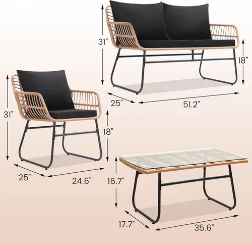 Miniatura 6 de Kromax Juego de 4 muebles de patio estilo bistró para exteriores, sofá de mimbre, 2 sillas de ratán y mesa, juego de conversación para el patio