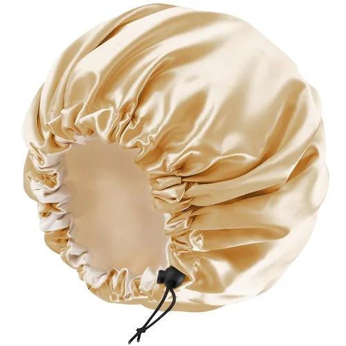 Miniatura 26 de Gorro de seda de satén para cabello rizado, gorro trenzado para dormir, para mujer, grande, doble capa ajustable (2 unidades, negro)