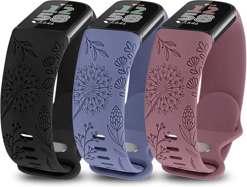 Miniatura 10 de Minyee Paquete de 3 bandas grabadas florales compatibles con Fitbit Charge 6 bandas/Fitbit Charge 5 bandas para mujer, lindo diseño de flores