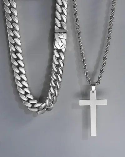 Miniatura 6 de 2 collares de cruz para hombres y mujeres, cadena de eslabones cubanos de plata dorada y negra para hombres, cadena de cuerda en capas, collar