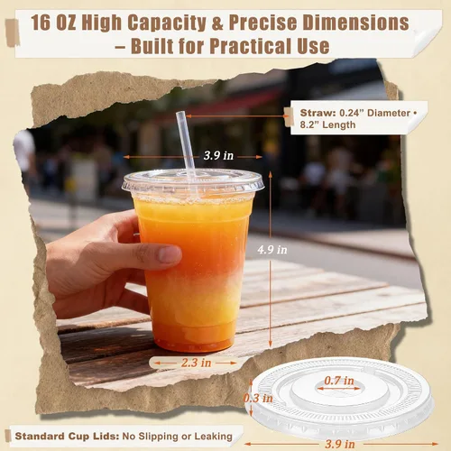 Miniatura 2 de Zcaukya Paquete de 100 vasos de plástico de 16 onzas con tapas y pajitas, vasos transparentes desechables para café helado, refrescos, batidos