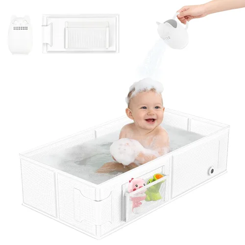 Miniatura 8 de Bañera plegable para bebé, convierte la ducha en bañera, bañera portátil 2 en 1 para niños pequeños con taza de enjuague, sin montaje, fácil de Rosa