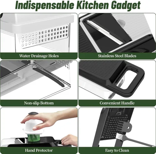 Miniatura 6 de StoreHappily Picador de Verduras 12 en 1, Picador de Verduras de 7 Cuchillas con Recipiente y Tapa, Cortador en Cubitos, Rebanador, Utensilios