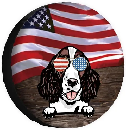 Miniatura 21 de Cubierta de neumático de repuesto para perro salchicha con gafas de sol con bandera de Estados Unidos, fundas protectoras de ruedas a prueba