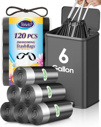 Miniatura 10 de Bolsas de basura con cordón de Teivio, 1.6 galones, 120 unidades, bolsas de basura resistentes, tamaño mediano, para papeleras de cocina y baño