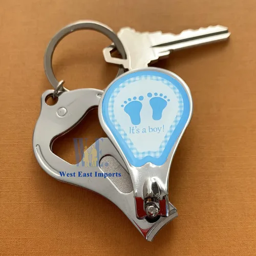 Miniatura 8 de 12 llaveros personalizados para baby shower, color azul niño, cortaúñas y abrebotellas, regalo personalizado con grabado láser (huella)