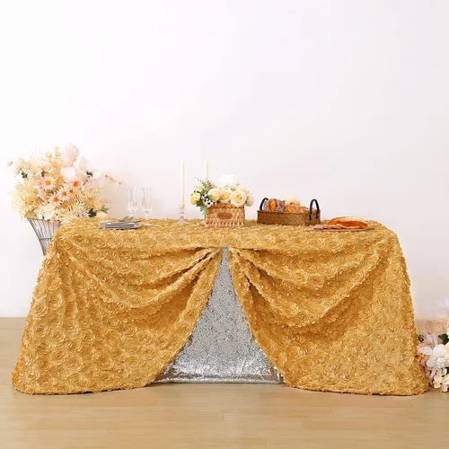 Miniatura 2 de QueenDream Mantel de roseta dorada de 90 x 132 pulgadas, mantel floral rústico para bodas, fiestas de cumpleaños, eventos y decoración