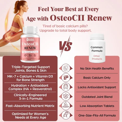 Miniatura 6 de Suplementos articulares para mujeres OsteoCII Renew Triple Strength - Fórmula avanzada para articulaciones, huesos y piel - colágeno, glucosamina