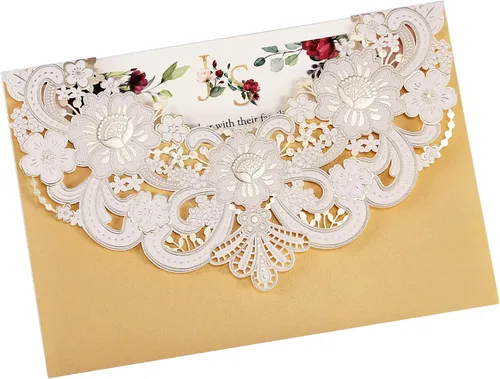 DORIS HOME 50 tarjetas de invitación de encaje floral dorado blanco cortado con láser con sobres para invitaciones de boda, despedida de soltera,
