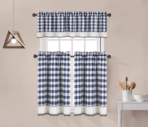 Miniatura 5 de Decotex Juego de 3 cortinas y cenefa de cocina con adornos de encaje de ganchillo a cuadros de búfalo