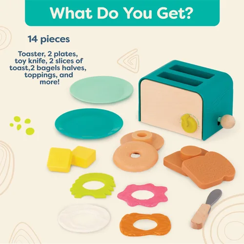 Miniatura 8 de B. toys – Mini Chef – Juego de simulación de tostadora – Juego de desayuno de simulación – Set de brunch de 14 piezas – Tostadora emergente