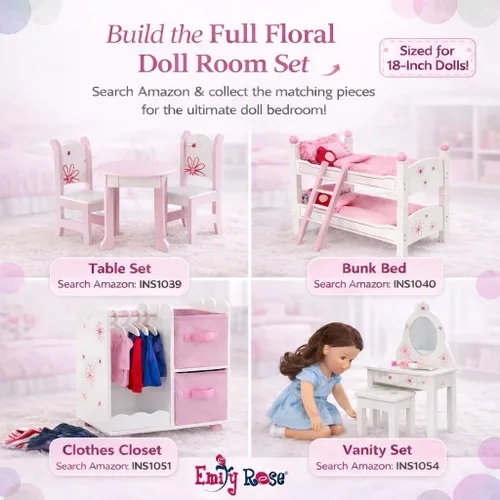 Miniatura 7 de Armario grande de 18 pulgadas, se adapta a las muñecas American Girl de 18 pulgadas, diseño floral con perchas de madera incluidas