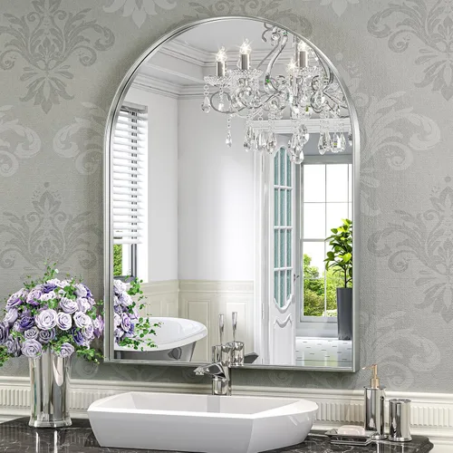 Miniatura 18 de Brightify - Espejo arqueado dorado de 24 x 32 pulgadas, espejo de pared con marco de metal de latón para baño, espejo arqueado superior para tocador