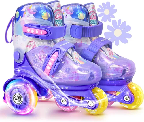 Patines de unicornio para niños pequeños, patines de entrenamiento para niños con triple protección de seguridad, patines de 4 tamaños ajustables,