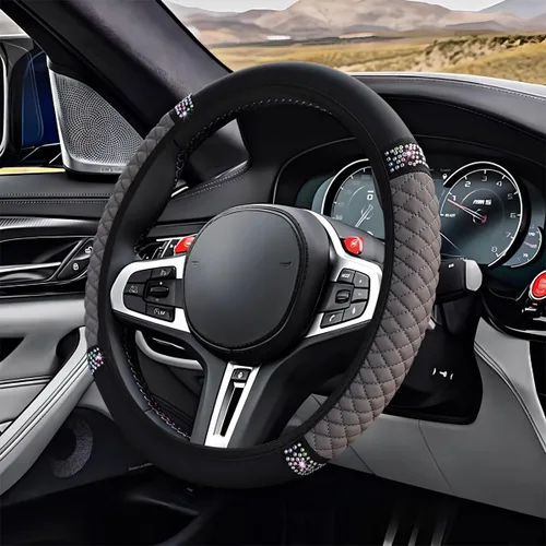 Miniatura 9 de ZIMISI Funda de volante de cuero suave con diamantes brillantes, protector de volante antideslizante de 15" con cristales brillantes para automóvil
