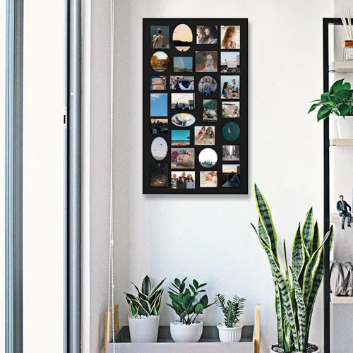 Miniatura 7 de Adeco PF9105 - Marco de fotos decorativo de madera negra para colgar en la pared, 29 aberturas, varios tamaños entre 3.25 x 2.75 pulgadas y 4.5 x 4