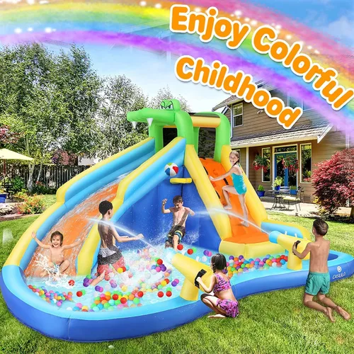 Miniatura 7 de DREAMVAN Tobogán acuático inflable, parque acuático para niños con piscina, pared de escalada, aro de baloncesto, cañón, tobogán acuático de piscina