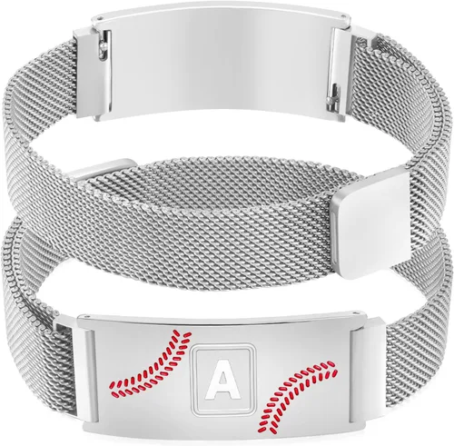 Miniatura 59 de Fervia Regalos de graduación de Pascua para hombres, pulsera con inicial de béisbol, color negro, plateado, dorado, acero inoxidable, pulseras