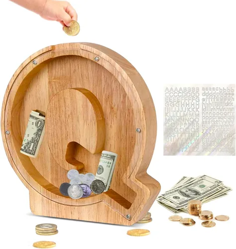 Miniatura 9 de Alcancía de Madera Personalizada con Letras del Alfabeto, Banco de Monedas con Letras del Alfabeto para Niños, Niñas y Bebés, Tamaño Grande, 26