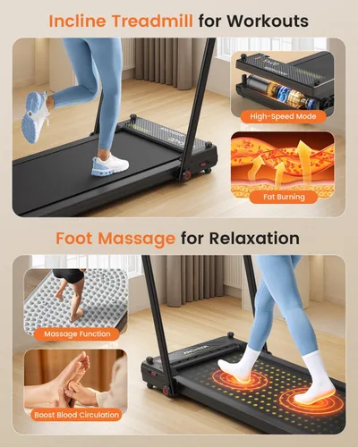 Miniatura 2 de Cinta de correr con masaje de pies/masaje por vibración, caminadora con inclinación, almohadilla para caminar plegable con barra de asa, cintas