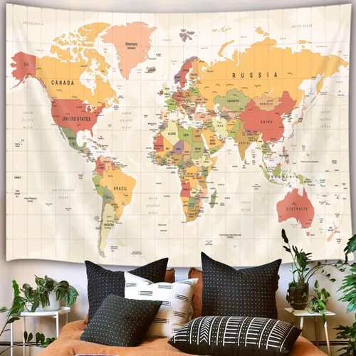 Miniatura 4 de JAWO Tapiz de mapa del mundo, mapa del mundo con países y ciudades principales, tapices de pared para niños y estudiantes, tapiz de mapa mundial